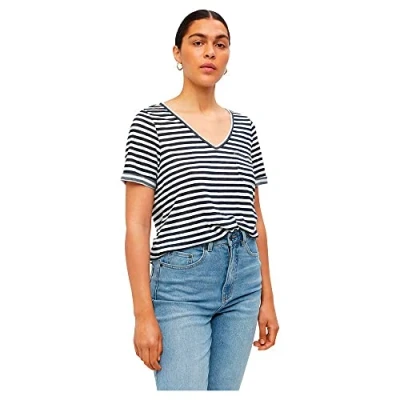 Abbildung von Object SS Vneck NOOS Tshirt basic, Damen, Größe: XS, Sky captain/white stripes