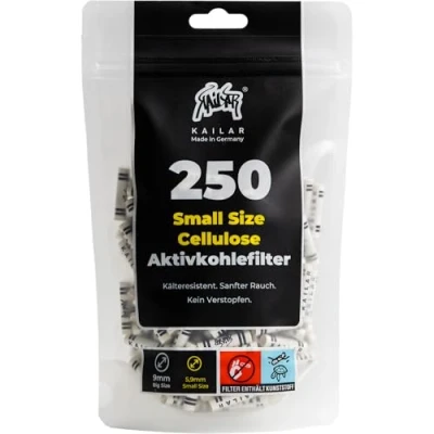 Abbildung von KAiLAR 250 WHITE Cellulose Aktivkohlefilter Slim (6 mm) mit veganer Aktivkohle aus Kokosnussschalen Für ein schadstoffärmeres und sanftes Raucherlebnis ohne zu verstopfen (Kälteresistenz)