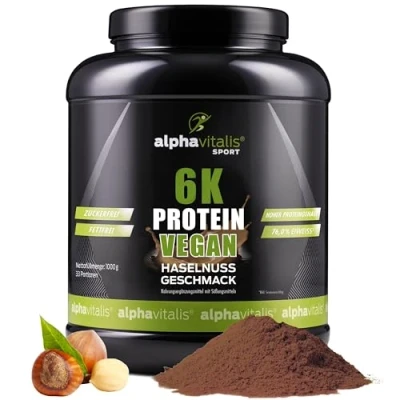 Abbildung von PROTEINPULVER vegan Haselnuss 6K Mehrkomponentenprotein 1 Kg pflanzlicher Eiweiß Shake zuckerfrei fettfrei laktosefrei hoher Proteingehalt ideal zum Kochen und Backen Eiweißpulver
