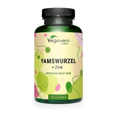 Abbildung von Yamswurzel Kapseln 1.000 mg Mexican Wild Yam Extrakt (20:1) Preis Leistungs Sieger 2024* 200 Diosgenin + Zink 120 Laborgeprüft Ohne Zusätze Deutsche Produktion Vegavero®