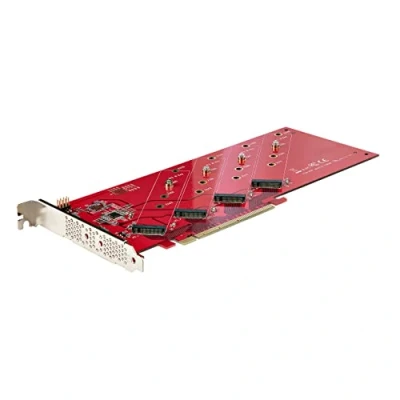 Abbildung von StarTech Quad M.2 PCIE Adapterkarte, PCI Express 4.0 x16 auf Vierfach NVMe oder AHCI M Key SSDs, 7, 8GBit/s je Laufwerk, Bifurkation erforderlich, Windows/Linux kompatibel (QUAD M2 CARD B), Red
