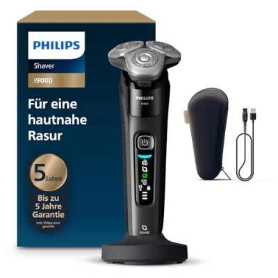 Abbildung von Philips Rasierer i9000, Elektrischer Nass und Trockenrasierer für Männer mit integriertem Trimmer, schwarz, Ladestation Reiseetui (Modell X9000/10)