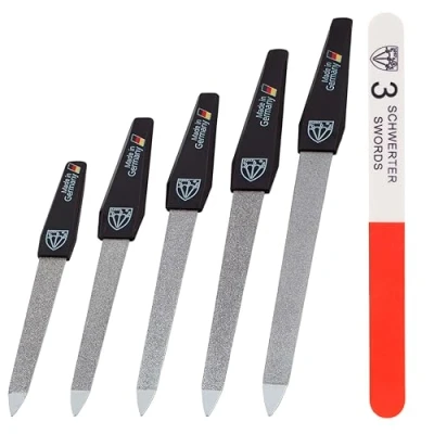 Abbildung von Drei SCHWERTER Saphir Nagelfeilen Set 5+1 Hochwertiges Nagelset für Maniküre und Pediküre, Made in Germany Inhalt: 5x Nagelfeile verschiedenen Größen 1x Weg Nagelpolierer