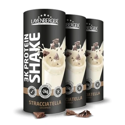 Abbildung von Layenberger 3K Protein Shake 80% Eiweiß und nur 3,5% Kohlenhydrate bei 8,6 g Zucker, (3x 360 g) Stracciatella
