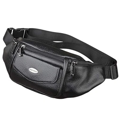 Abbildung von Xieben Leder Taille Gürteltasche für Herren Frauen Slim Fanny Schulter Pack Outdoor Reisen Sport Bauchtasche Radfahren Wandern Reiten Camping Jagd Casual Schwarz