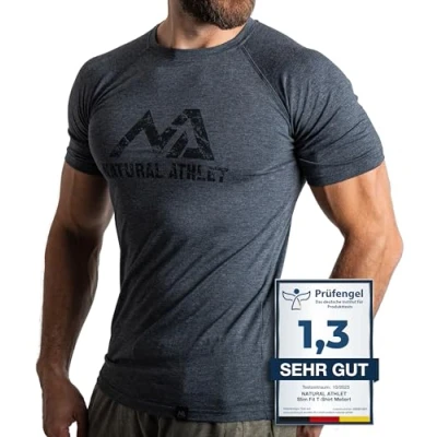 Abbildung von Natural Athlet Herren Fitness T Shirt meliert Männer Kurzarm für Gym &amp; Training Passform Slim Fit, lang mit Rundhals, M, Anthrazit