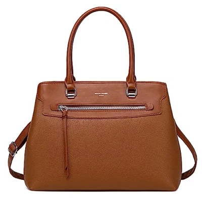 Abbildung von David Jones Damen Handtasche Elegante Frau Henkeltasche PU Leder Schultertasche Tote Shopper Tasche Mehrere Fächer Viele Taschen Umhängetasche Alltags Mode Klassisch Stadt Arbeit Cognac Braun