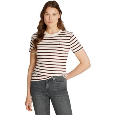 Abbildung von Tommy Hilfiger Damen New Slim Cody C NK SS WW0WW40587 S/S Strickoberteile, Beige (Fine STP Calico/Deep Rouge), XXL