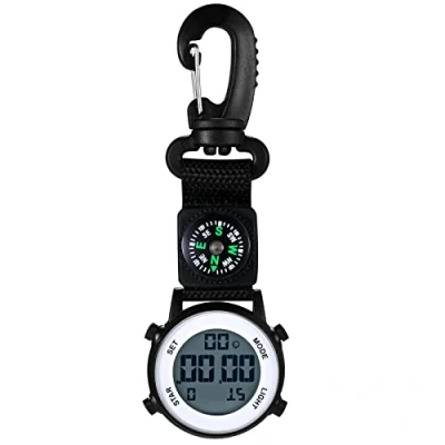 Abbildung von JewelryWe Karabineruhr Digital Clip on Quarzuhr Karabiner Taschenuhr mit Leuchtendem Zifferblatt Kalender Wecker Kompass, FOB Uhr für Ärzte Krankenschwestern Sanitäter Köche Sport Unisex Schwarz