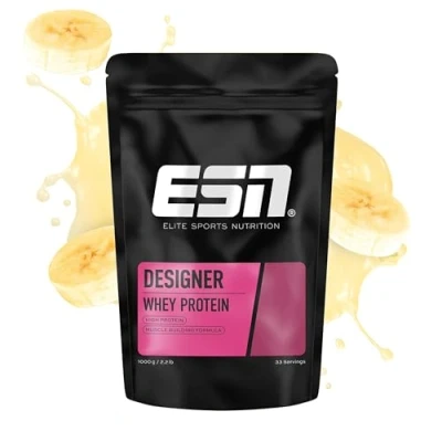 Abbildung von ESN Designer Whey Protein Pulver, Banana, 1 kg, bis zu 23 g pro Portion, ideal zum Muskelaufbau und erhalt, geprüfte Qualität made in Germany