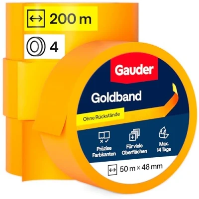Abbildung von GAUDER Goldband aus Premium Washi Tape für präzise Farbkanten Rückstandsfreies Malerkrepp, Profi Kreppband und Abdeckband Malerband zum Streichen Lackieren (4 Rollen 48 mm x 50 m)