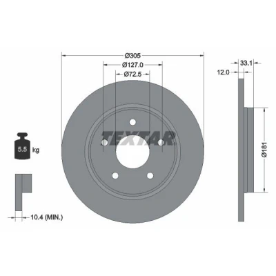 Abbildung von TEXTAR PRO+ 92181005 Bremsscheibe 305 12 05/05 127 voll beschichtet hochgekohlt ohne Radbefestigungsbolzen, Radnabe FIAT: Freemont
