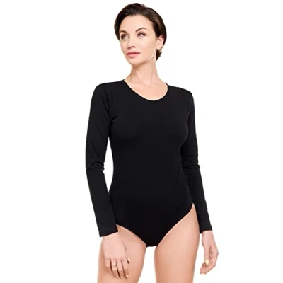 Abbildung von Evoni Damenbody Overall Bodysuit mit Rundhals für Frauen Langarm Body in verschiedenen Farben Optimale Alternative Sport &amp; Freizeit Eleganter Jumpsuit(XX Large, Schwarz)