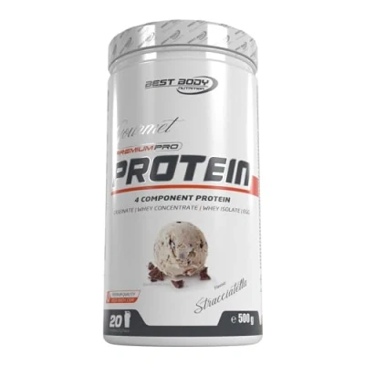 Abbildung von Best Body Nutrition Gourmet Premium Pro Protein, Stracciatella, 4 Komponenten Protein Shake: Caseinat, Whey Konzentrat, Isolat, Eiprotein, 500 g Dose
