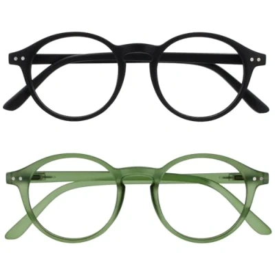 Abbildung von OPULIZE REY Lesebrille 2er Pack Runder Retro Rahmen Mattschwarz, Grün Herren Damen Federscharniere RR56 16 +1.50