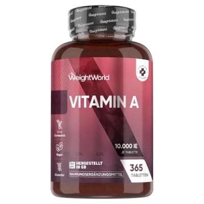 Abbildung von Augenvitamine Vegane Vitamin A Tabletten Retinol 10.000IE Alternative zu Beta Carotin &amp; Augentropfen für Sehkraft, Haut Immunsystem (EFSA) 365 1 Jahr Vorrat Von WeightWorld