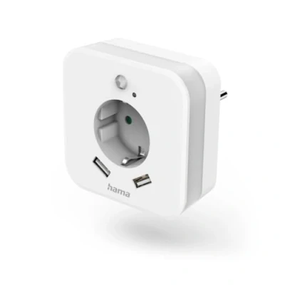 Abbildung von Hama LED Nachtlicht mit Steckdose, 2 USB A Ausgänge, Bewegungssensor, Lichtsensor (Orientierungslicht, Stilllicht, für Babys, Kinder, Erwachsene, Schlummerlicht, Nachtleuchte, Schlaflampe) weiß