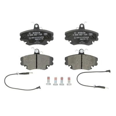 Abbildung von BOSCH 0 986 467 720 Bremsbelagsatz Low Metallic inkl. Verschleißwarnkontakt mit Schrauben Zubehör RENAULT: CLIO 2, TWINGO 1 Kasten, 2