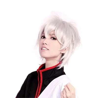 Abbildung von Prettyland Damen Herren Kurzhaar Perücke Kurze Silber Weiß grau Fransige Gestuft Halloween Anime Wig C323