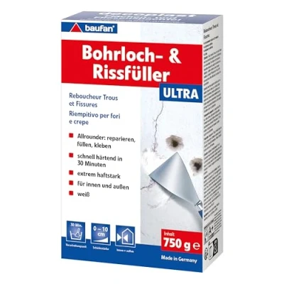 Abbildung von Baufan Bohrloch und Rissfüller Weiß 750g I Schnell erhärtende Spachtelmasse Füllung für innen &amp; außen Ausbessern von Rissen Löchern
