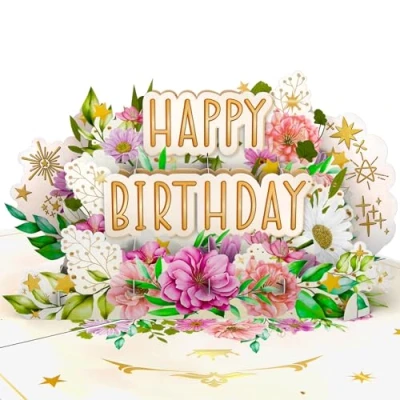 Abbildung von LIMAH® Pop Up Geburtstagskarte mit Blumen Edle Happy Birthday 3D Karte zum Geburtstag oder Jubiläum Besondere Geschenkidee für Frau und Freundin Als Gutschein, Geldgeschenk Geschenkkarte