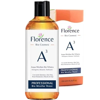 Abbildung von 250 ml Bio Mizellenwasser A3 Dreiphasiger reinigender, feuchtigkeitsspendender und tonisierender Make up Entferner mit Hyaluronsäure, Damaszener Rosenwasser, Aloe Vera, Olivenöl, Goji Beeren Extrakt.
