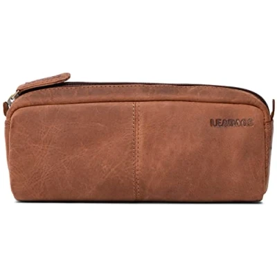 Abbildung von LEABAGS Leder Federmäppchen I Große Echtleder Federmappe Federtasche für Beruf Uni Schule Schlampermäppchen Stiftetui Stiftmappe Ledermäppchen Nature Hellbraun