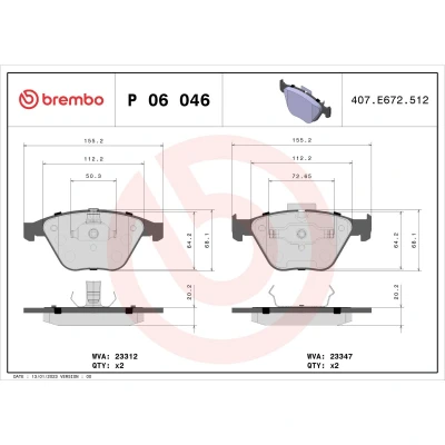 Abbildung von BREMBO P 06 046 Bremsbelagsatz für Verschleißwarnanzeiger vorbereitet mit Kolbenclip ohne Zubehör BMW: 3 Saloon, 5 Coupe