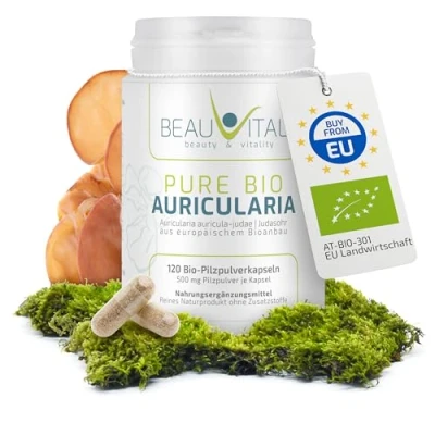 Abbildung von Pure Bio Auricularia Kapseln 120 Stück je 500mg Judasohr Pulver aus EU Landwirtschaft, vegan, ohne künstliche Zusatzstoffe
