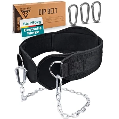 Abbildung von PULLUP &amp; Dip Gürtel mit Kette und 3x Karabiner, inkl. Neopren Klappen als Kleiderschutz, Gewichtsgürtel, Weighted Belt, Klimmzug für Calisthenics, Kraftsport, Bodybuilding