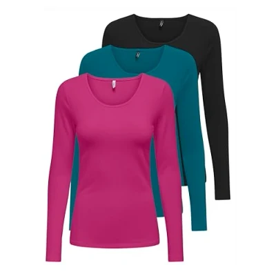 Abbildung von ONLY Damen Onllive Love Life LS Oneck Top, 3er Pack, Festival Fuchsia/Ocean Depths/Schwarz, XXL
