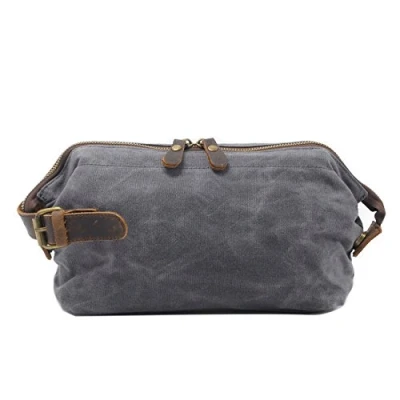 Abbildung von Neuleben Kulturtasche Wasserdicht Vintage Canvas Leder Damen Herren Kosmetiktasche Kulturbeutel für Reise Urlaub (Grau)