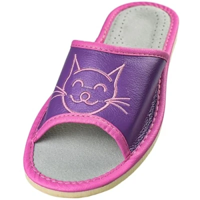 Abbildung von APREGGIO Hausschuhe Damen Leder 39 Größe Violett Pink Handgefertigt Slipper Bequeme Pantoffeln Damenhausschuhe Gummisohle Fest Komfort Glattleder
