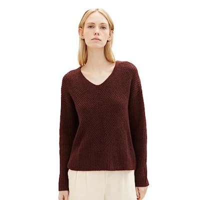 Abbildung von TOM Tailor Vneck Strickpullover, Damen, Größe: Medium, Raisin melange