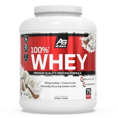 Abbildung von All Stars 100% Whey Protein 2270g I Eiweiß Pulver mit Konzentrat &amp; Isolat leckeres Low Fat Powder hochwertiges cremiger Shake Coconut Flavour