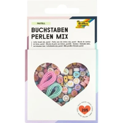Abbildung von folia 32024 Buchstaben Perlen Mix PASTELL, 202 Stück mit verschiedenen und Motiven, 2x 1 m Gummibändern zum auffädeln Aufbewahrungsbox