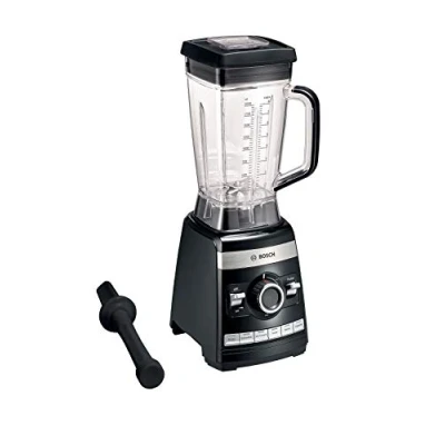 Abbildung von Bosch Standmixer VitaBoost MMBH6P6B, 6 Klingen Edelstahlmesser, 2,5l Tritan Mixbehälter, Stopfer, Automatikprogramme, Rezeptbuch, BPA frei, einfache Reinigung, 45,000 U/min, 1600 W, schwarz