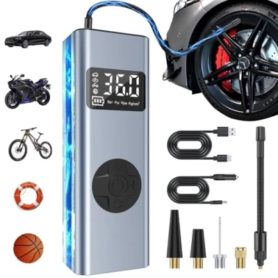 Abbildung von Tragbarer Luftkompressor HYCHIKA 12V 6000mAh Wiederaufladbarer Elektrischer Kompressor I50PSI luftpumpe, Fahrradpumpe mit LED Licht und Manometer für Auto Fahrrad Motorrad Bälle, AutoOff