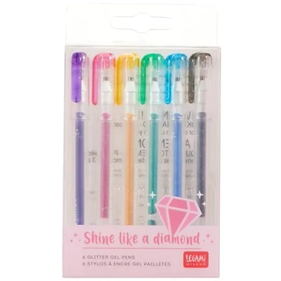 Abbildung von Legami GGP0001 Set mit 6 Mini Gelstiften, Glitzer, 0,8 x 10,8 cm, Shine Like Diamond, Durchmesser der Spitze 1,0 mm, Farben Violett, Gold, Grün, Blau, Rosa, Schwarz