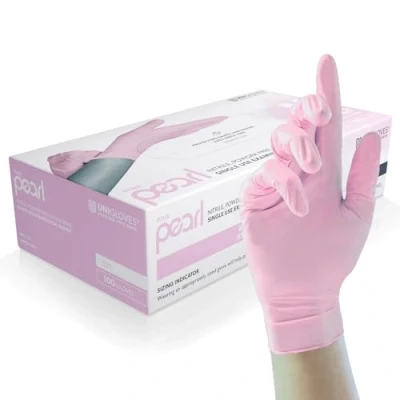Abbildung von UNIGLOVES Pink Pearl Nitril Untersuchungshandschuhe vielseitig einsetzbar, puderfreie und latexfreie Einweghandschuhe Box mit 100 Handschuhen, Rosa, Klein (GP0052)