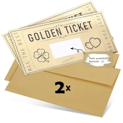Abbildung von DasWas 2x Goldenes Ticket Geschenk Gutschein zum Selber Auffüllen mit Rubbelaufkleber Rubbellose &amp; Gutscheinkarten Machen Personalisiertes im funkelndem Umschlag + Rubbelwerkzeug