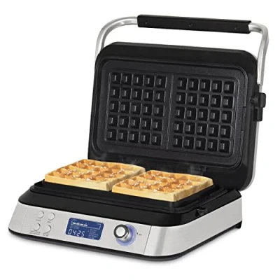 Abbildung von H.Koenig GFX800 Waffeleisen 12 x 12,5 cm, Antihaftbeschichtung, 5 Programme, Regenrinne mit Überlaufschutz, LCD Display, 7 Bräunungsstufen, 1600 W, Edelstahl und Schwarz