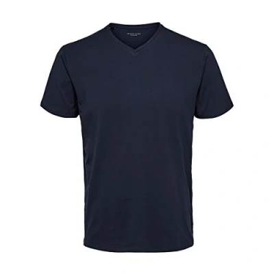 Abbildung von Herren Selected V Ausschnitt T Shirt Einfarbiges Basic Kurzarm SLHNEWPIMA Stretch Baumwolle, Farben:Navy, Größe:M