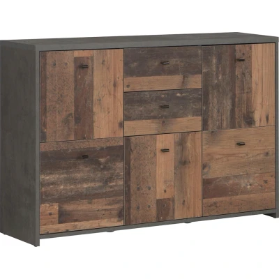 Abbildung von FORTE Best Chest Kommode mit 5 Türen und 2 Schubladen, Holzwerkstoff, Old Wood Vintage kombiniert Betonoptik, 114,1 cm x 77,5 29,6