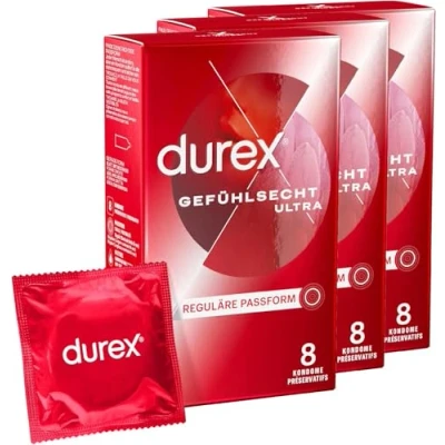 Abbildung von Durex Gefühlsecht Ultra Kondome Extra dünne Spitze &amp; mit Silikongleitgel befeuchtet 24er Pack (3 x 8 Stück)