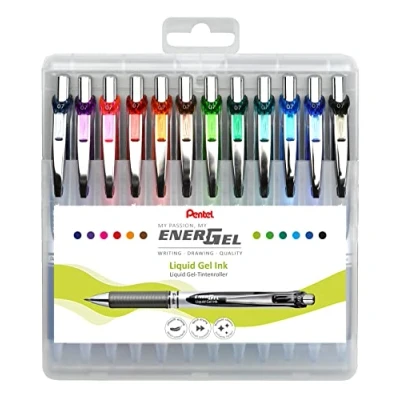 Abbildung von Pentel BL77 12 EnerGel Gel Tintenroller mit Druckmechanik, 0,7 mm Kugeldurchmesser = 0,35 Strichstärke, nachfüllbar, aufstellbare Kunststoff Box, Inhalt Stück, farblich sortiert