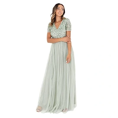 Abbildung von Maya Deluxe, Women&#039;s Prom Evening V neck Maxi Length Sequins Short Sleeves for Wedding Bi Bridesmaid Dress, Grün, 42 EU