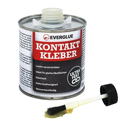 Abbildung von Everglue Kontaktkleber in der Dose mit integriertem Pinsel ist wasserfest, extra stark und elastisch klebt Schuhsohlen, Leder, Metall, auch geeignet für Schlauchboote LKW Planen (250g)