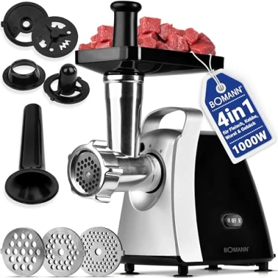 Abbildung von Bomann® Fleischwolf 1000W mit Aufsatz für Plätzchen &amp; Spritzgebäck elektrisch 3 Metall Scheiben Vor /Rücklauf Wurstfüller Hals u. Schnecke FW 6067 CB