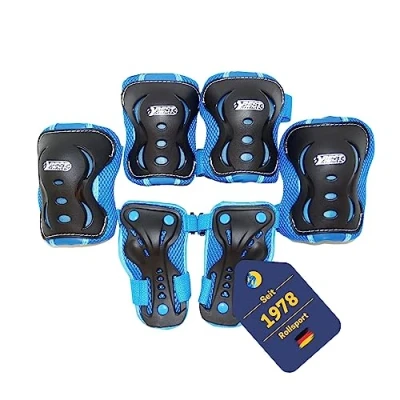 Abbildung von Best Sporting Schützer Set HQ für Kinder I Ellenbogenschoner / Handrückenschoner Knieschoner in Größe M hochwertiges Skater Blau/Schwarz Robustes Schonerset
